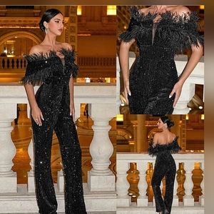 Stunning Black Sequin off the shoulder Formal Jumpsuit w/ Feather Accents